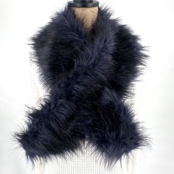Club Monaco Faux Fur Pull‎ Through Scarf Black Collar Stole - Picture 3 of 9
